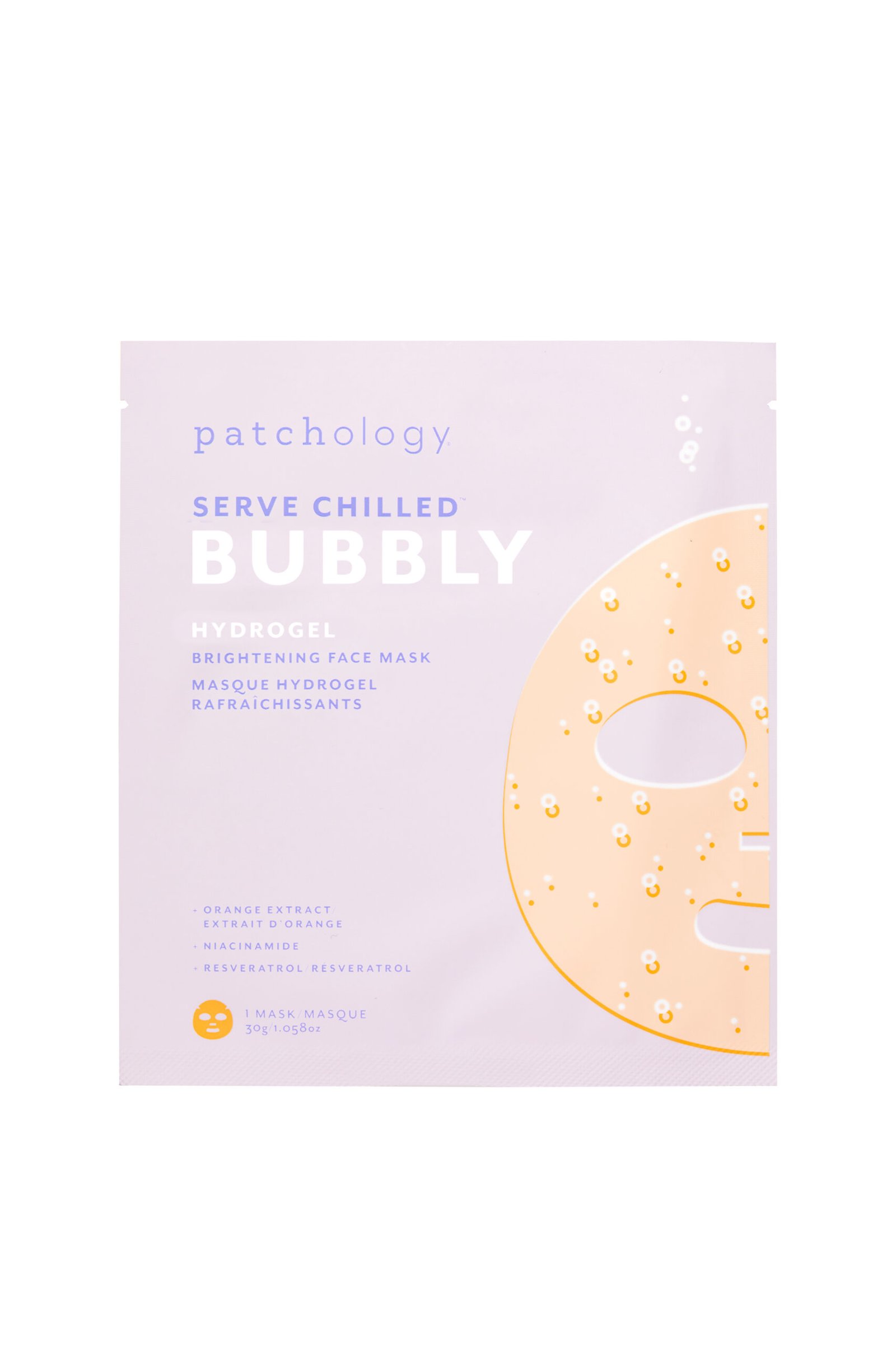 Сяюча шкіра за 10 хвилин з Patchology! Bubbly Hydrohel Mask – освітлююча гідрогелева маска, що миттєво зволожує, тонізує та надає шкірі сяйва. Екстракт апельсина, ресвератрол та ніацинамід – ідеальний коктейль для антиоксидантного захисту, омолоджуючого впливу та освітлення. Перед важливим заходом або в б’юті- рутині за собою, нанесіть маску та насолоджуйтесь рівним кольором обличчя. Сяй! Переваги: • Миттєво тонізує та надає шкірі сяйва. • Бореться з тьмяністю і сухістю. • Насичує шкіру потужними антиоксидантами. • Робить шкіру більш пружною та розгладженою. Активні інгредієнти: Ресвератрол - потужний натуральний антиоксидант, який отримав почесне звання "молекули молодості". Здатність активізувати "протеїни довголіття" - головна відмінність ресвератролу, завдяки якій він вважається одним з найефективніших косметичних інгредієнтів anti-age. Інгредієнт ефективно бореться із вільними радикалами та підвищує захисні функції шкіри. Уповільнює процеси старіння, перешкоджає появі зморшок. Екстракт апельсина - багатий вітаміном С. Підсилює регенерацію, виводить вільні радикали, стимулює вироблення колагену, заспокоює та зволожує. Ніацинамід - антиоксидант, потужний регулятор клітинного метаболізму, активує вироблення церамідів та колагену, стимулює мікроциркуляцію. Посилює захисні функції шкіри, знижує трансепідермальну втрату вологи, помітно освітлює шкіру. Рекомендації до застосування: Гідрогелеву маску Bubbly Hydrogel Mask рекомендовано використовувати 1 раз на тиждень або так часто, як це необхідно. Крок 1. Розгорніть листову гелеву маску і нанесіть на чисту суху шкіру, щільно притиснувши матеріал до контурів обличчя. Крок 2. Залиште на 10 хвилин (або довше за бажанням). Крок 3. Зніміть гелеву маску. Немає необхідності змивати. Сироватка повністю поглинається шкірою. Далі продовжуйте свій звичайний режим догляду за шкірою.